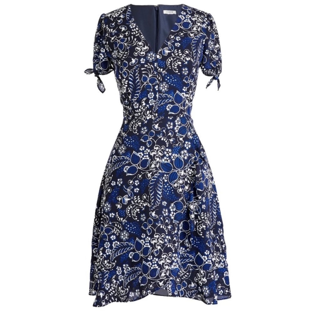 J. Crew Navy and White Floral V-Neck Fit-and-Flare Dress